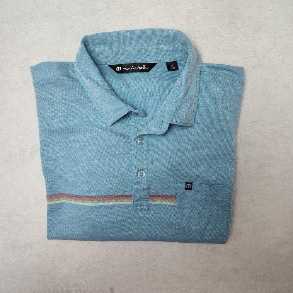 TravisMathew Polo‎ Mens M Blue Striped Cabana Golf Performance Stretch Pocket